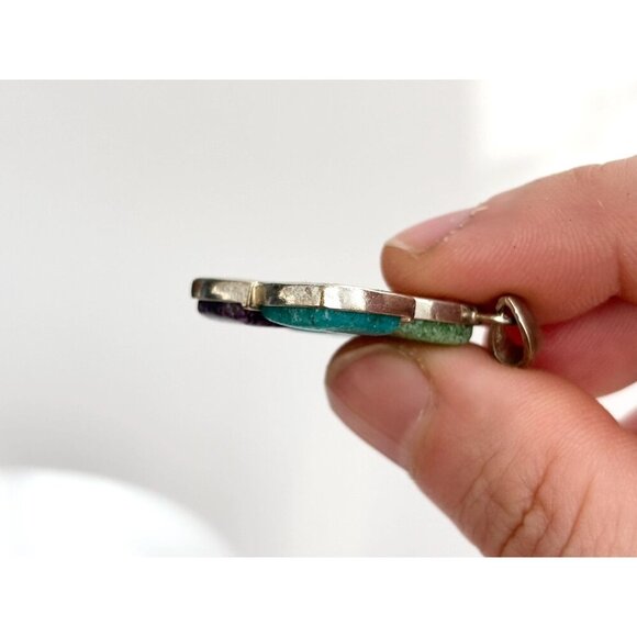 Stoneform Pinwheel Multi Gemstone Turquoise 925 Sterling Silver Vintage Pendant - Picture 8 of 9